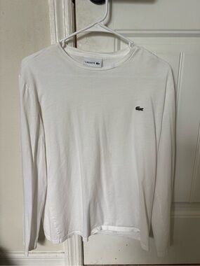 Lacoste White Long Sleeve Crewneck with Green Crocodile Logo 100% Pima Cotton